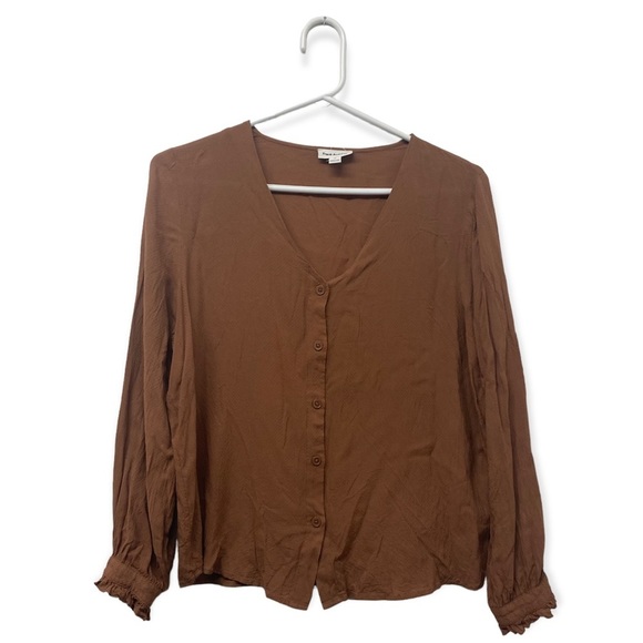 Frank & Oak Tops - Frank & Oak Long Sleeve Brown Blouse With Ruffles On Cuffs Size Medium